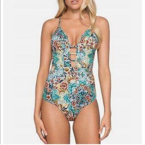 Jets By Jessika Allen Blue Multi Floral Plunge Swimsuit